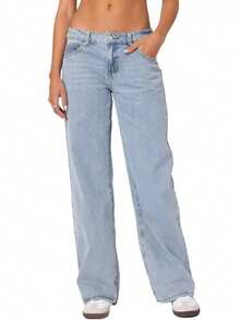 Edikted  Women's Wide Leg Jeans Baggy Jeans Low Waist Stretch Boyfriend Denim Pants Vintage Trousers With Pocket - Light Blue - 查看 2