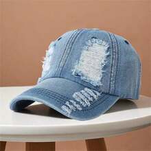 Women Men Baseball Cap, Vintage Denim Hat Ripped Adjustable Sun Visor Hat For Casual Daily - Blue - View 2