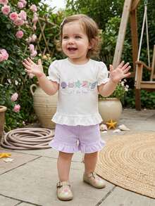 Toddler Baby Girl Summer Outfits Letter Crab Starfish Shell Embroidery Short Sleeve Tops Elastic Waist Shorts 2Pcs Clothes Set - 紫色 - 查看 3