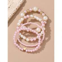 4pcsset Women Elegant Faux Pearl Beaded Bracelets Combination Fashion Party Accessories - Hồng - Xem 2