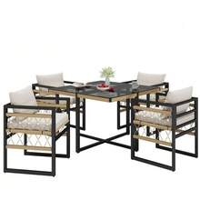Handwoven Garden Sofa Set For 4 People / Made Of Sturdy Iron With 4 Beige Cushions / Includes 1 Glass Table And 4 Armchairs / Weather-Resistant Patio Furniture - Beige - View 1