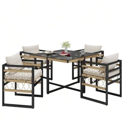 Handwoven Garden Sofa Set For 4 People / Made Of Sturdy Iron With 4 Beige Cushions / Includes 1 Glass Table And 4 Armchairs / Weather-Resistant Patio Furniture