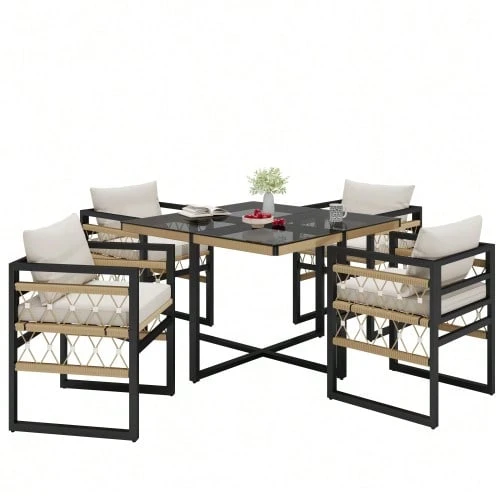 Handwoven Garden Sofa Set For 4 People / Made Of Sturdy Iron With 4 Beige Cushions / Includes 1 Glass Table And 4 Armchairs / Weather-Resistant Patio Furniture - Beige - View 1