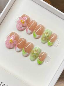 10PCS Handmade Press On Nails | Luxury Nude Gradient Spring Nails | 3D Pink & Green Floral Design | Short Squoval Shape | Water Drop & Rhinestone Accents | Glossy Reusable False Nails For Spring Girls, Vacation, Date & Daily Wear - Multicolor - View 9