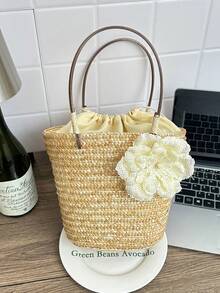 Bolso de paja estilo bohemio con acento floral - Bolso de playa de verano para mujer - Caqui - Ver 8
