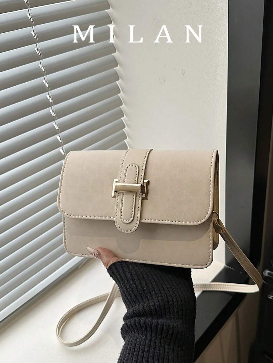 1 buah Tas Persegi Mini Motif Leopard dengan Dekorasi Gesper Logam, Tali Bahu PU Mirip Suede yang Dapat Diatur, Tas Selempang Wanita dengan Penutup untuk Penggunaan Sehari-hari & Jalan-jalan - Krem - View 1