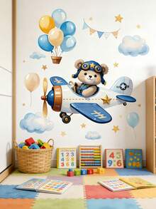 Cartoon Bear Flying Plane With Stars And Clouds Wall Decal Sticker For Kids Bedroom And Living Room Home Decor - Multicolor - View 2