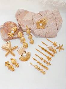 DIY Unique Star & Flower Hair Clips, Suitable For Daily Wear, Banquet, Party, Wedding, Gift - Gold - View 11