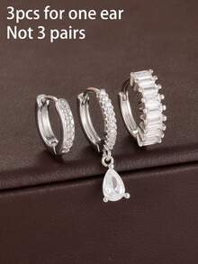 Bộ 3 khuyên tai khoen hình học đính đá Cubic Zirconia thời trang dành cho nữ, mặt dây chuyền hình giọt nước, trang sức cao cấp quà tặng đính hôn, sinh nhật. - 3 chiếc - Màu bạc - Xem 4