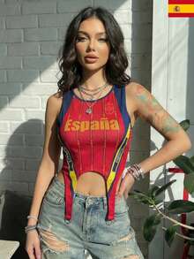 女士休闲西班牙网眼针织圆领镂空不对称修身背心，适合春夏穿着，Blokette Blokecore Remake，2026世界杯 - 紅色 - 查看 1