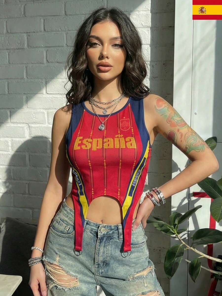 女士休闲西班牙网眼针织圆领镂空不对称修身背心，适合春夏穿着，Blokette Blokecore Remake，2026世界杯 - 紅色 - 查看 1