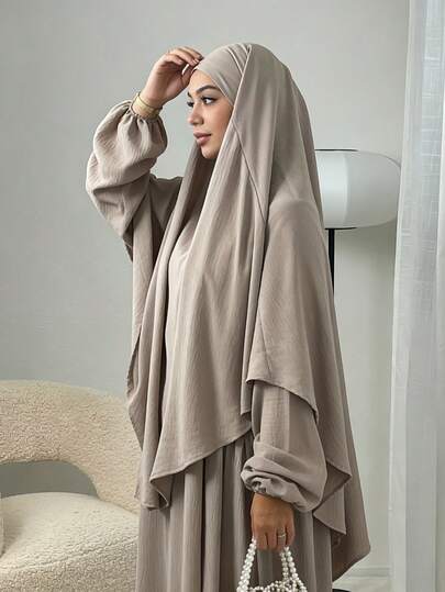 三件套（头巾+长袍）柔软穆斯林祈祷服，长袍式长袍搭配同款头巾，休闲户外必备时尚单品（头巾+连衣裙+腰带）祈祷吉尔巴布，女士长袍，穆斯林女性长袍