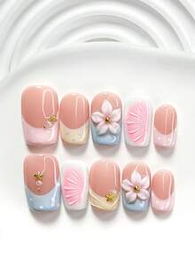 10pcs Elegant Handmade Nail Art Set, Including Gel Nail Kit, Rhinestone Cross, Carved Floral Edges, Small White Faux Pearls, Pink Flower Nail Decors, Pink Nail Polish, With Nail Tools (1 Jelly Sticker + 1 Nail File). Available In 3 Sizes: Square, Short Square, Almond. Suitable For Parties, Daily Wear, Photoshoots, Dates, Commuting In Spring/Summer Press On Nails - 彩色 - 查看 17
