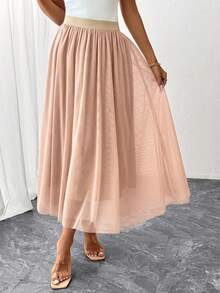 女士弹力腰带飘逸网纱长裙，适合夏季度假和优雅派对穿着，春季款 - 杏色 - 查看 6