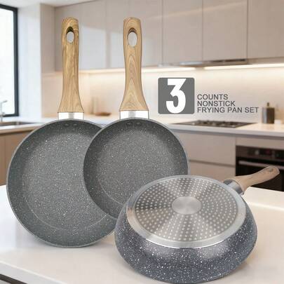 ABKOK 3 Piezas Juego de Sartenes Antiadherentes de Aluminio (Gris/Negro/Blanco) - Compatibilidad Universal con Cocinas | Juego de Utensilios de Cocina | Ideal para Restaurantes, Cocinas Domésticas y Cocina al Aire Libre | Resistente al Calor | Un Juego de Utensilios de Cocina Esencial para Cada Hogar | Disponible en Tres Colores