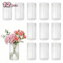 Tomnk 12/24/36 Pcs Clear Ribbed Glass Cylinder Vases & Hurricane Candle Holders - 2 In 1 Tall Glass Vases For Mother's Day, Centerpieces Wedding Party Table Decor, Bulk Flower Bud Vases For Floral Arrangements Shelf Display - 羅紋 - 查看 9