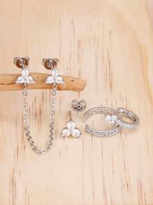 4PCS Zirconia Three-Petal Flower Ear Stud Set Chain Earring Cartilage Piercing Studs Women's Jewelr Gifts - 1-silver-4PCS - View 3