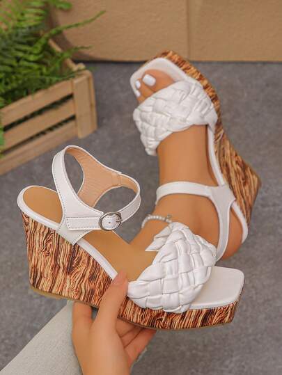 女士露趾坡跟凉鞋，编织带搭扣休闲通勤高跟鞋