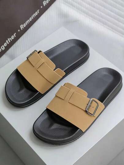 Dép lê nam cỡ lớn đế mềm mới mùa Xuân/Hè 2026, size 36-46, dép một quai màu nâu đơn giản với khóa kim loại trang trí, dép đi biển trong nhà/ngoài trời chống trơn trượt, dép đế dày thời trang thoải mái cho phòng ngủ, unisex (Chọn lớn hơn một size nếu chân rộng)