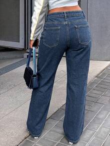欧美风流行简约休闲百搭中腰直筒牛仔裤，春季款 - 深色水洗藍 - 查看 6