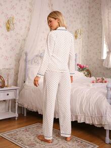 Bộ đồ ngủ 2 món in chấm bi, áo tay dài cài cúc cổ ve áo và quần dài dễ thương, đồ ngủ và đồ mặc nhà dành cho nữ. - trắng - Xem 2