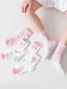 5双儿童袜子，卡通粉色蝴蝶结图案，女童幼儿袜，百搭日常休闲穿搭，心形和兔子图案 - 彩色 - 查看 7