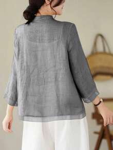 Loose Retro Chinese Style Three-Quarter Sleeve Patchwork Design Shirt Summer - Grey - View 4