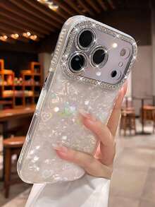 Luxury Pink Faux Pearl Fashion Phone Case Rhinestone Heart & Butterfly Design Phone Case + Wrist Strap Acrylic Hard Shell Creative Compatible With IPhone 17 Pro Max/17 Pro/17 Air/17/16 Pro Max/16/16 Pro/16 Plus/15/15 Pro Max/15 Pro/15 Plus/11/12/13/14 Pro Max/11 Pro/11 Pro Max/12 Pro/12 Pro Max/13 Pro/13 Pro Max/14 Pro/14 Pro Max/14 Plus Birthday Gift Spring Accessory - 白雷射心臟 - 查看 2