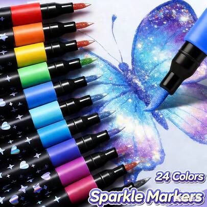 96 Colors Double-Ended Glitter Markers, Made Of Quick-Drying Gel Ink - Fine Tip To Barrel, Suitable For Scrapbooking, Card Making, Journaling, Double-Headed Drawing Pens - Glitter Marker Set, Ideal For Artists And Coloring