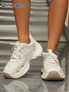 Women's Breathable Mesh Thick-Sole Chunky Sneakers, Comfortable Casual Sports Shoes For All Seasons - Champagne - View 5