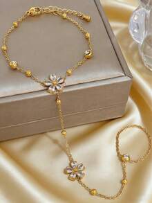 1pc Fashionable 18K Gold Plated Stainless Steel Flower Zirconia Knuckle Ring Bracelet, Waterproof And Fade-Resistant, Suitable For Women's Daily Wear, Gifts, Formal Events - Gold - View 1