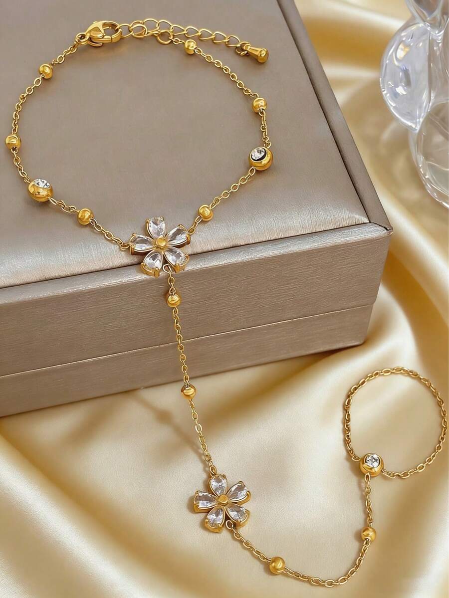 1pc Fashionable 18K Gold Plated Stainless Steel Flower Zirconia Knuckle Ring Bracelet, Waterproof And Fade-Resistant, Suitable For Women's Daily Wear, Gifts, Formal Events - Gold - View 1