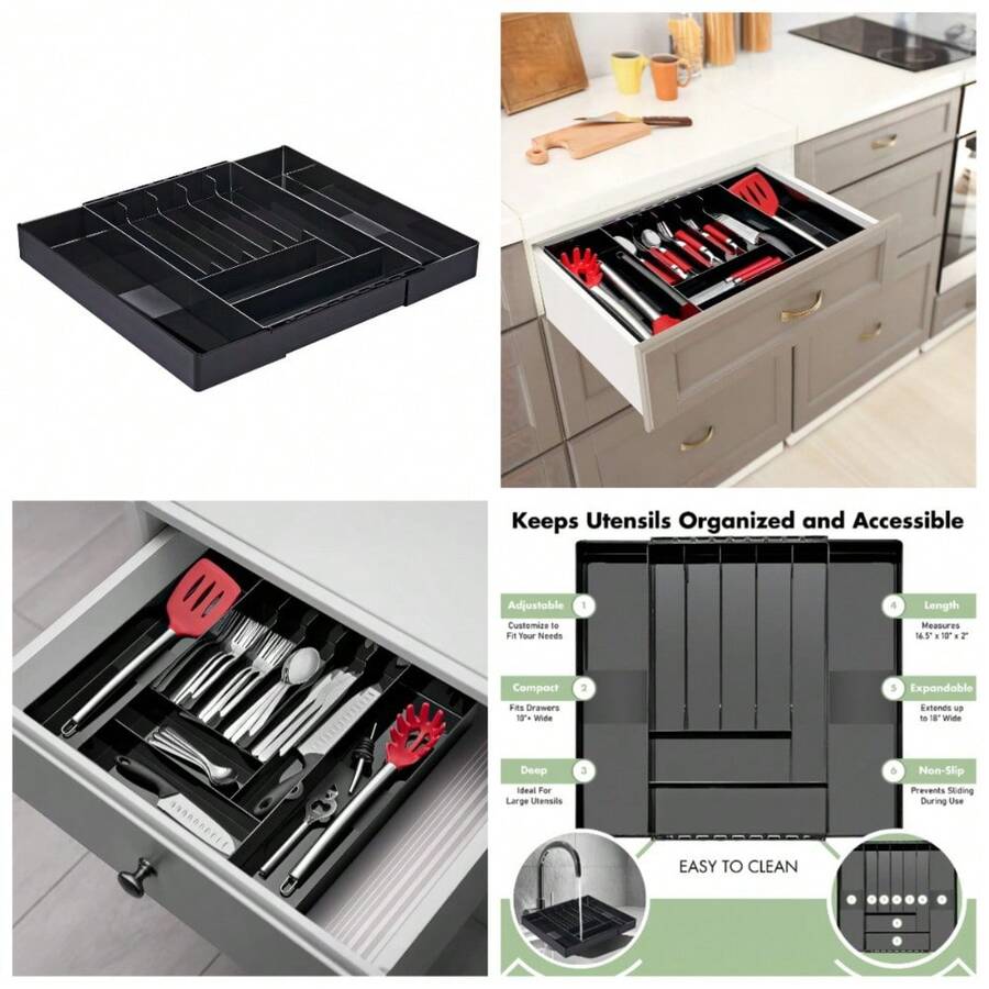 Large Expandable Kitchen Drawer Organizer Adjustable Utensil Tray For Cutlery Storage Black - 1 - 查看 1