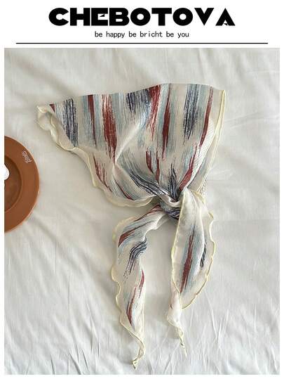 1pc Colorful Striped Elegant Polyester Printed Triangular Scarf, Decorative Headscarf Neck Scarf, Lightweight For Daily Use, Suitable For Spring, Summer, Autumn