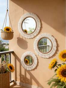 1pc Handmade Acrylic Woven Wall Mirror - Bohemian Style Round Mirror With Tassel Decor, Rustic Natural Wall Decor Suitable For Living Room, Bedroom Or Bathroom, Perfect For Spring/Summer Home Decor, Mother's Day Gift, Room Decoration, Garden Decor, Wedding Decor And Home Decoration. - Beige - View 4