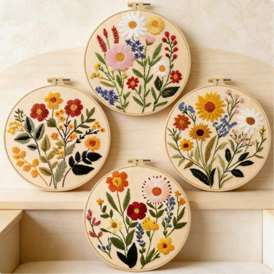 4pcs Kit Bordir Bunga DIY, Gaya Botanis Ramah untuk Pemula, Set Lengkap Bahan Termasuk Produk Setengah Jadi yang Dicetak, Instruksi, Dekorasi Dinding Rumah, Hadiah