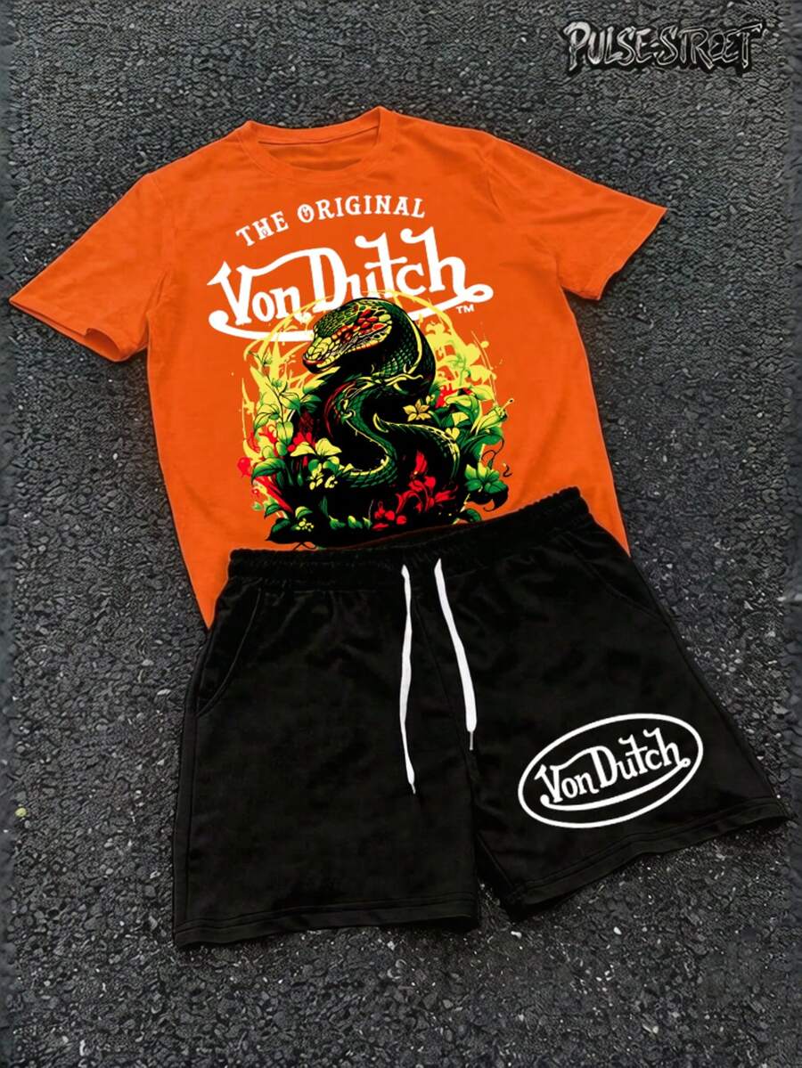 2Pcs Mens Creative Orange T Shirt And Shorts Set American Vintage Full Print Street Wear Essential Graphic Tee With Dragon Floral Design And Logo For Casual Outfits Print T Shirt Set - trái cam - Xem 1