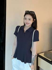 純色夏季新款女款短袖喇叭下擺上衣 - 藏蓝色 - 查看 7