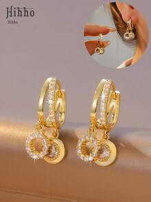 Hihho 1 Pair Zirconia Encrusted Double Hoop Earrings, Charming & Versatile Luxury Earrings For Women - Round - View 1