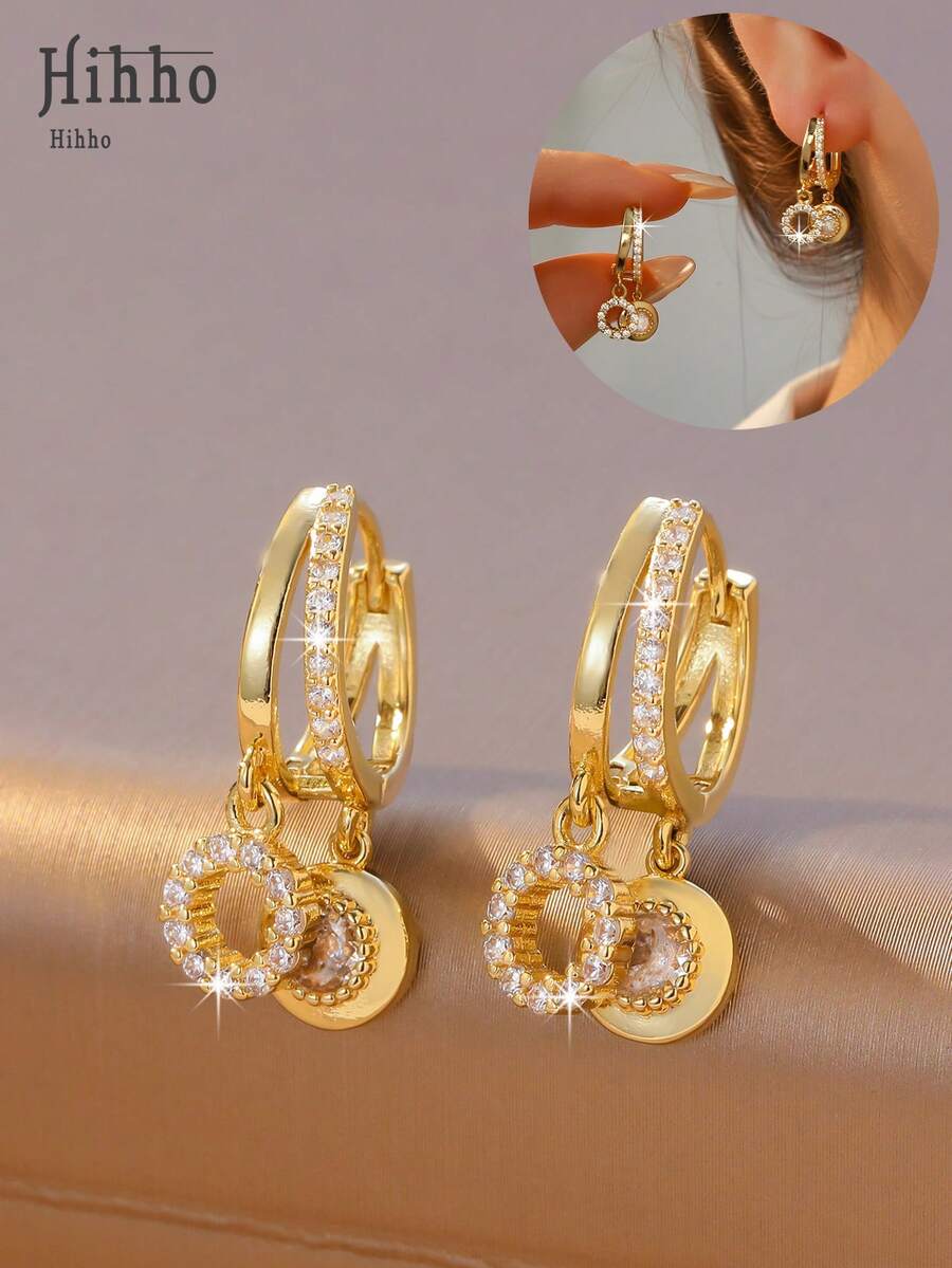 Hihho 1 Pair Zirconia Encrusted Double Hoop Earrings, Charming & Versatile Luxury Earrings For Women - Round - View 1
