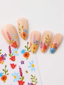2 piezas Pegatinas de uñas 3D con flores y hojas coloridas, margaritas en flor y girasoles, calcomanías autoadhesivas deslizantes para manicura francesa, decoraciones de arte de uñas de primavera y verano, suministros de uñas DIY - Multicolor - Ver 3