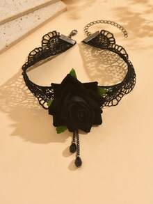 1pc Vintage Elegant Hollow Out Lace Flower Pendant With Beaded Chain Collar Necklace For Women Gothic Jewelry Daily Wear Prom Accessories - Multicolor - View 4