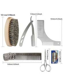 Bộ dụng cụ cắt tóc chuyên nghiệp 6 món, dao cạo thẳng/lược/kéo/lưỡi dao dành cho nam giới | Bộ dụng cụ chăm sóc râu và lông mày, quà tặng Ngày của Cha - Dao cạo an toàn + lưỡi dao - Xem 4