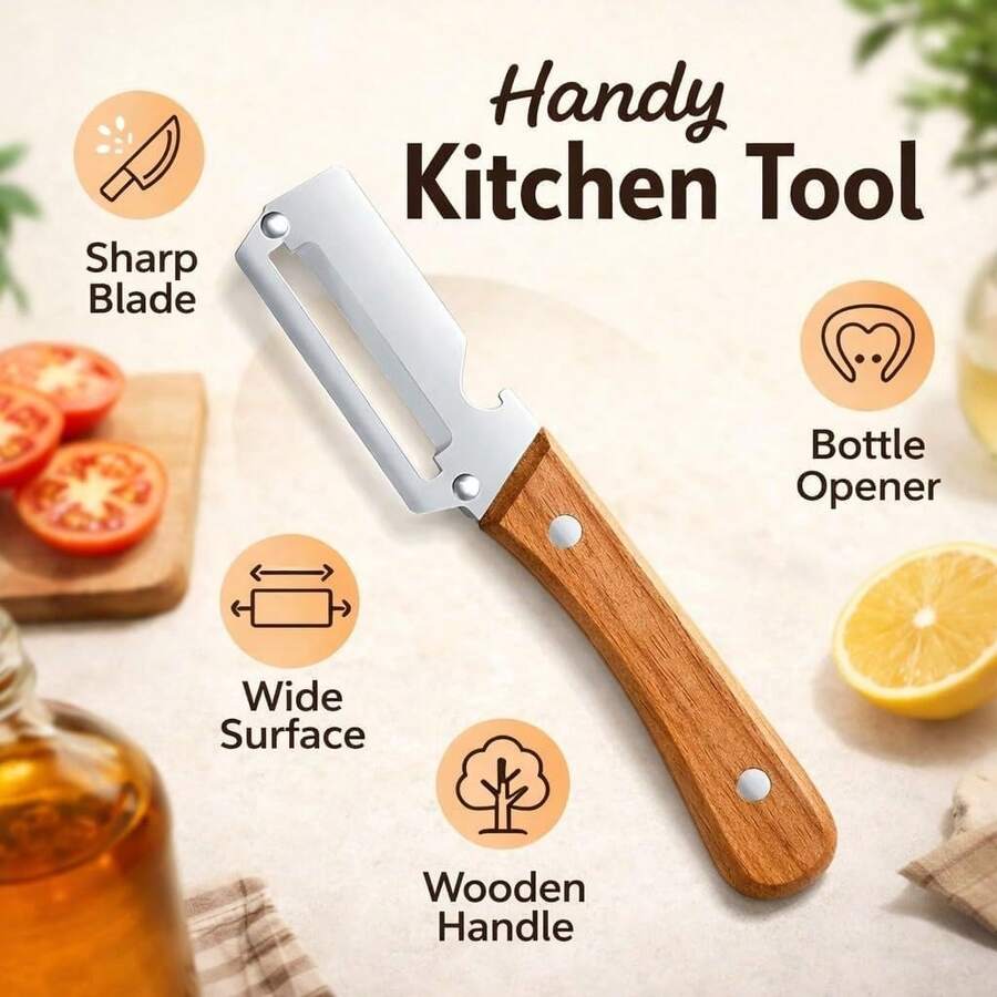 Multifunctional Vegetable Peeler With Wooden Handle And Bottle Opener, 2-In-1 Stainless Steel Blade, Contour-Flow For Kitchen Prep, Camping, Apple Potato Pumpkin Papaya - 銀色 - 查看 1