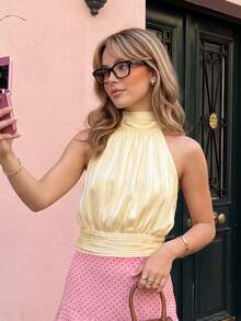 Womens Summer Halter Tank Tops Fashionable Solid Color/Dot Print Backless Going Out Vest - Yellow - View 5