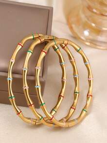 3pcs/1pc Vintage Minimalist Women's Stainless Steel Bamboo Joint Design Bracelet, Suitable For Daily And Vacation Wear, Also A Romantic Holiday Gift Set For Mother Or Girlfriend - Gold - View 7