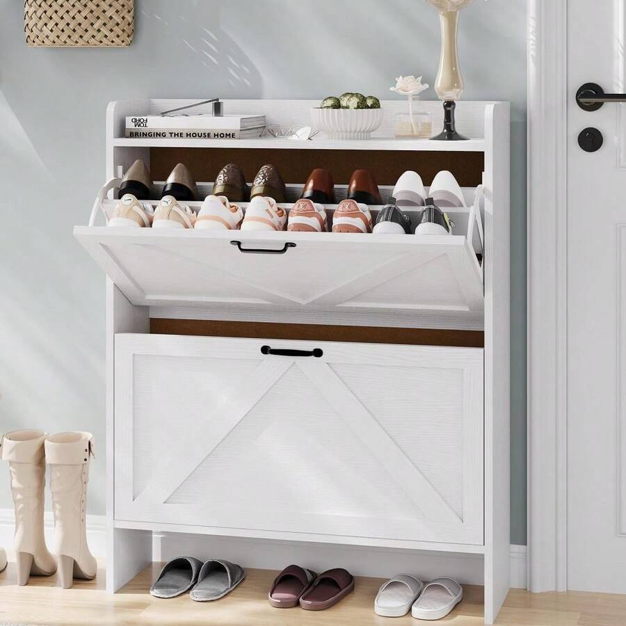 Platzsparender Schuhschrank für Flur – Schmaler, freistehender Schuh-Organizer mit 2 Klappfächern – Höhenverstellbare Einlegeböden, Holz & Metall, für 12–16 Paar Schuhe, 23,5 cm tief - Weiss - Übersicht 1