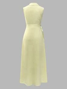 女士优雅V领无袖荷叶边下摆连衣裙，适合夏季日常休闲和通勤 - 淡黃色 - 查看 3