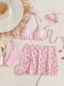 Conjunto de bikini para mujer con escote halter, sexy, elegante y cómodo, con estampado de cuadros rosas y margaritas, de tela elástica, adecuado para la playa, resort, piscina y fiestas en vacaciones de primavera y verano - Multicolor - Ver 4