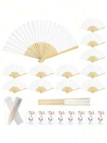 Elegant Folding Hand Fan Set, Includes Thank You Card And Gift Bag, Bride's Bamboo Hand Fan, Suitable As Bridesmaid Gift And Wedding Decor, Perfect For Parties, Events And Summer Accessories - White - View 1